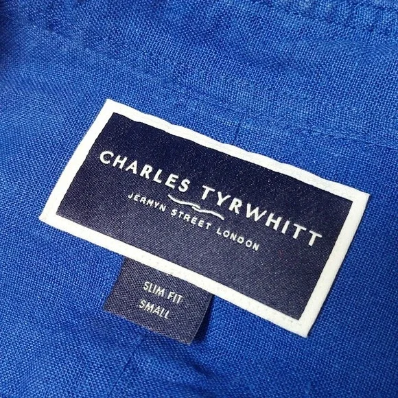 Charles Tyrwhitt Linen Shirt Men's Small Blue Slim Fit Long Sleeve Button Down - Picture 6 of 8